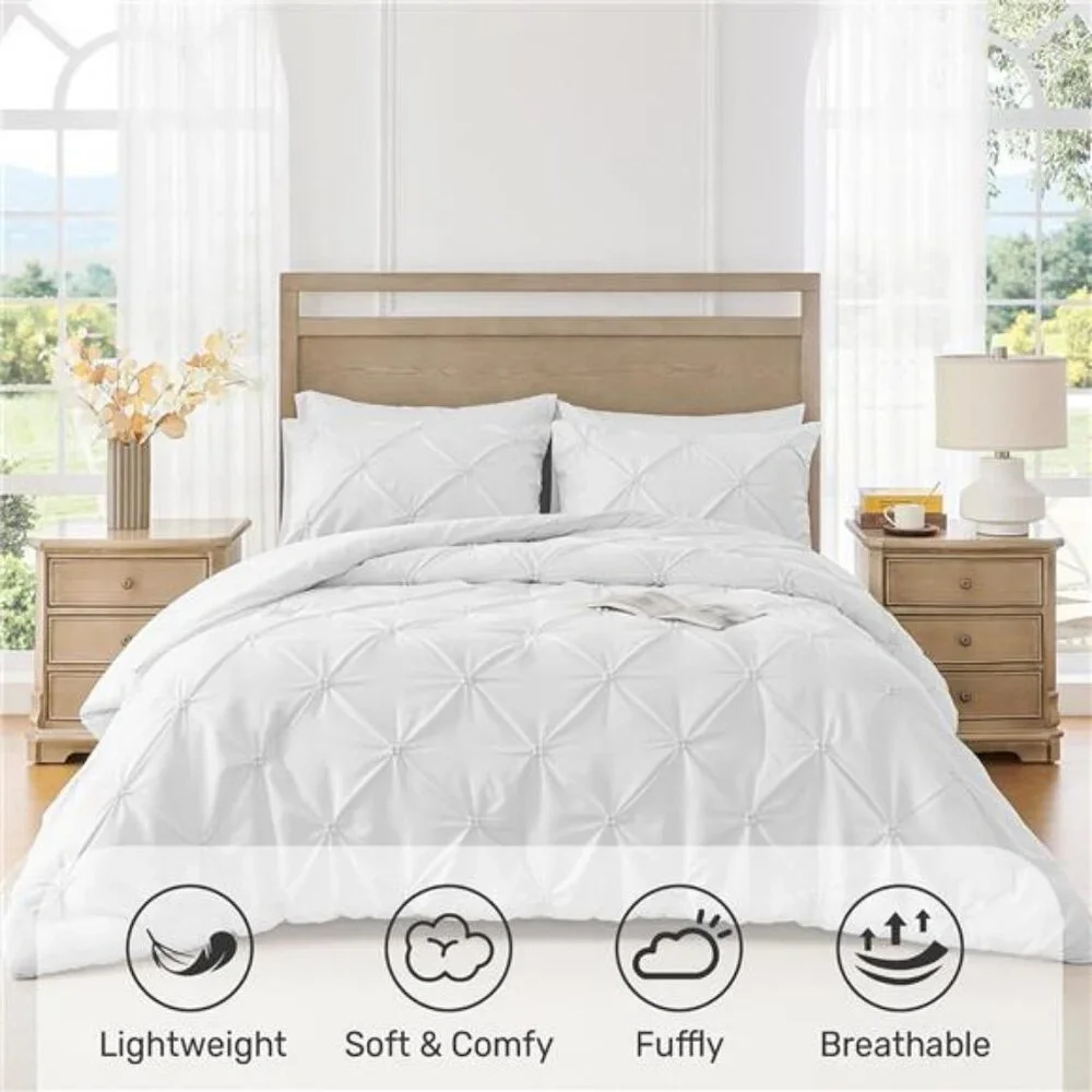 Queen Comforter Set White - Lightweight Soft Pintuck Down Alternative
